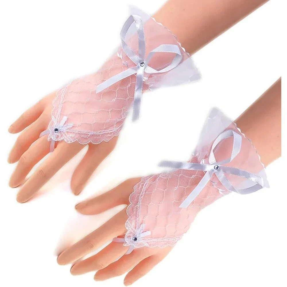Women's White Elastic Bracelet Floral Lace Cuffs Bow Gloves Sleeve Party Prom